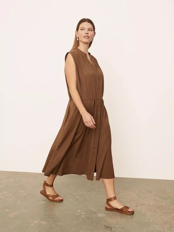 Nwt Vince Shirred Band Collar Linen Blend Dress Cottonwood Neutral Brown Size 1x